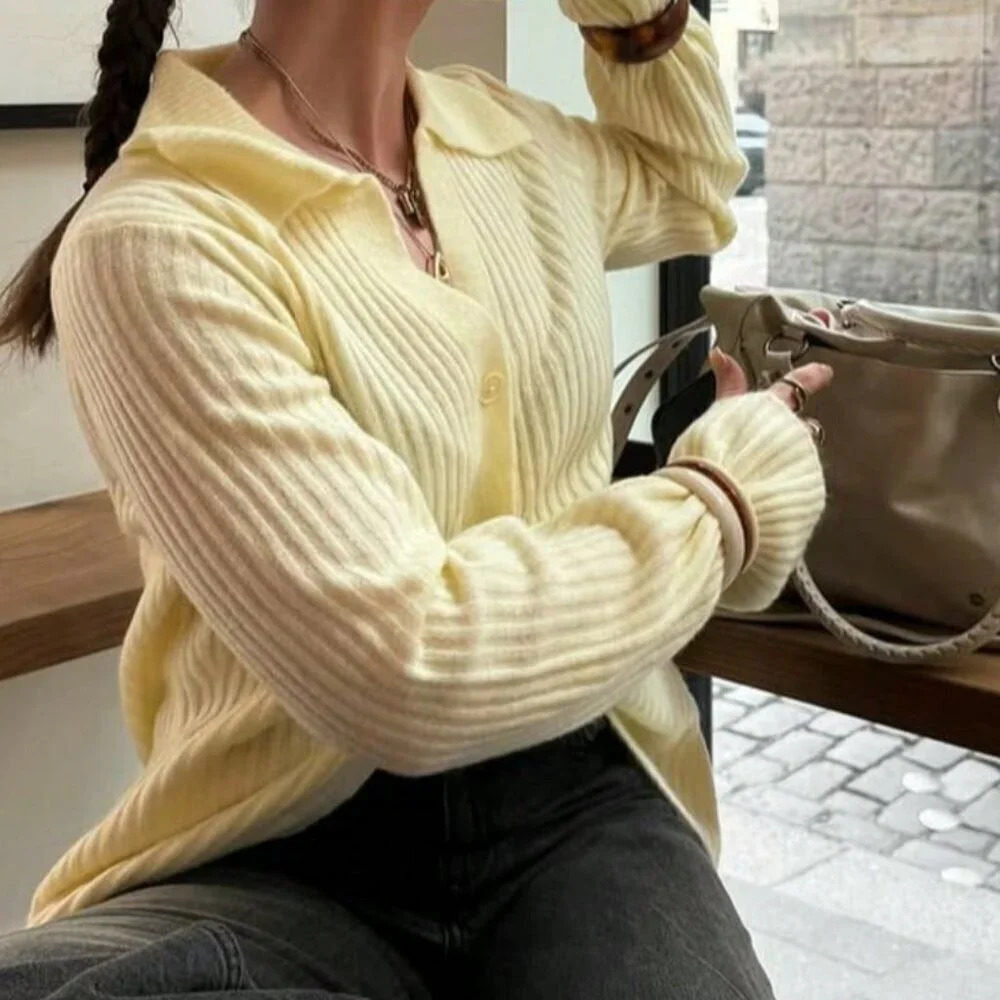 Yellow Casual Women's Sleeve Knit Cardigan with Lapel Button